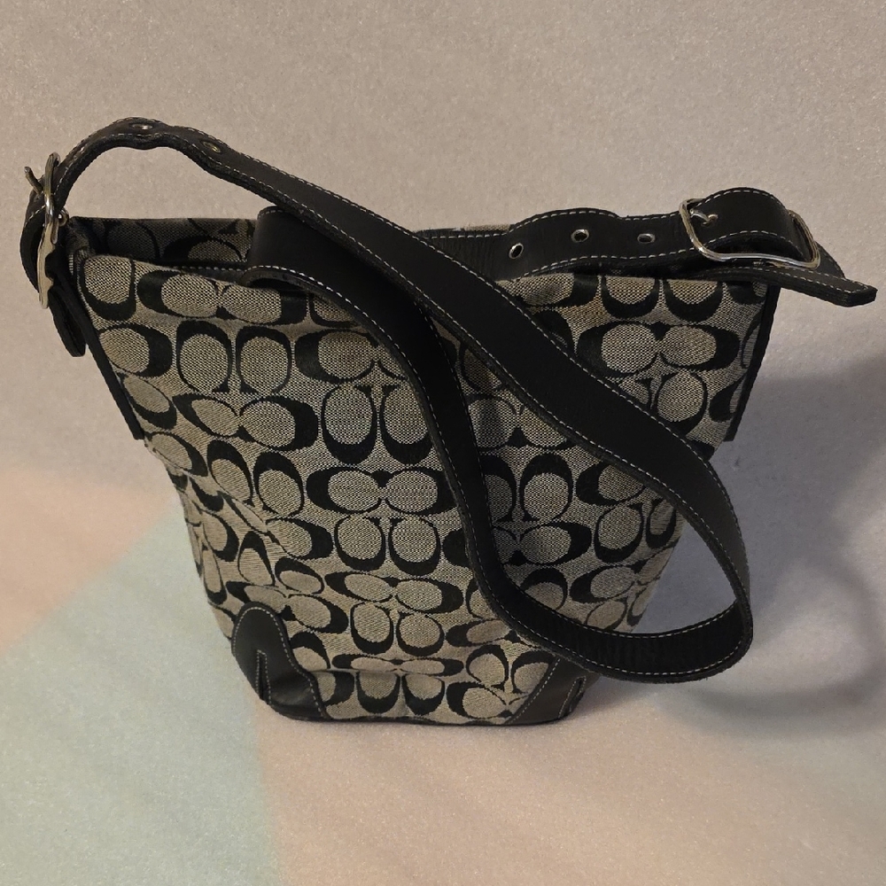 Coach Signature Canvas Shoulder Bag in Black and Tan